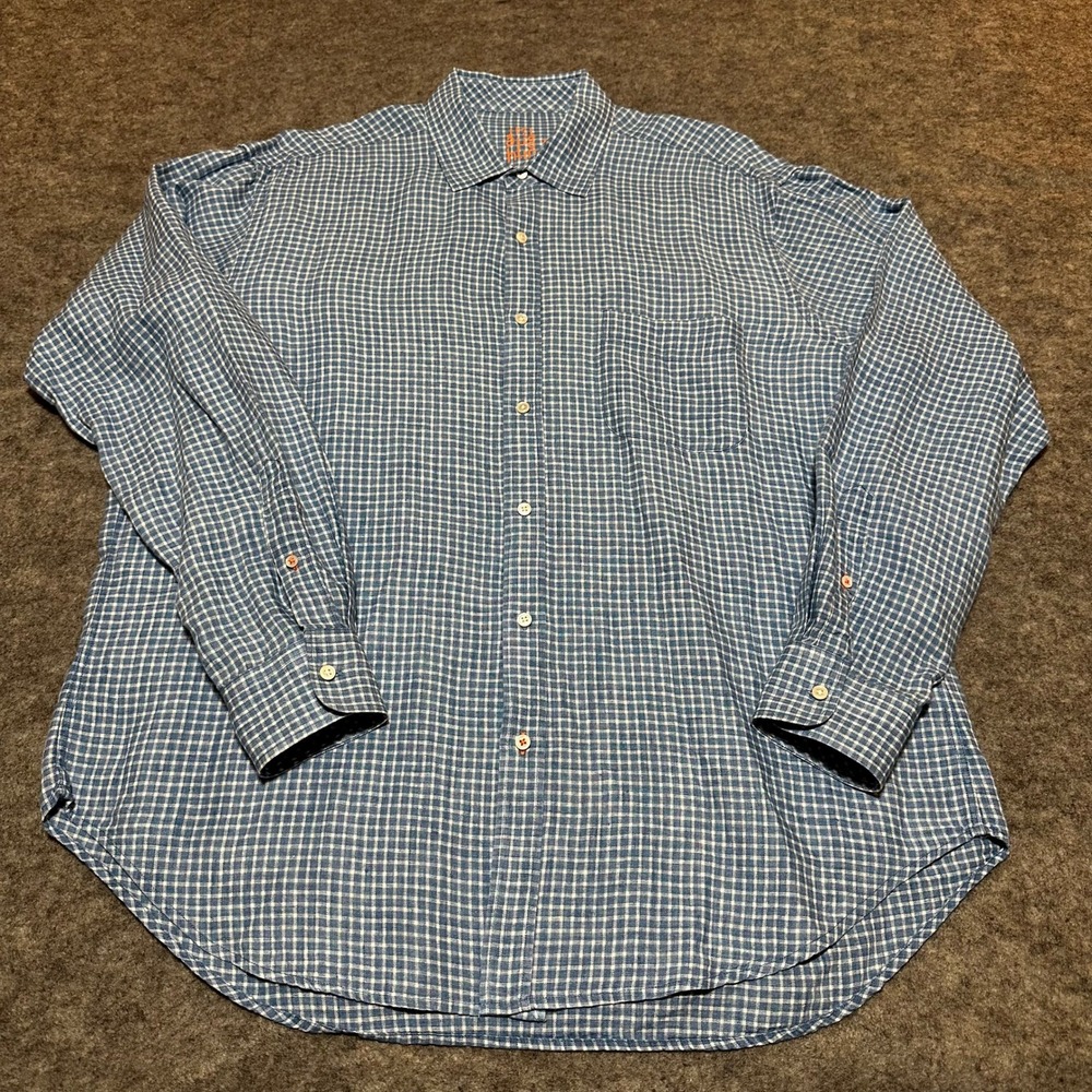J.McLaughlin Linen Shirt Mens XL Blue Gingham Check Long Sleeve Coastal Resort - Picture 3 of 9